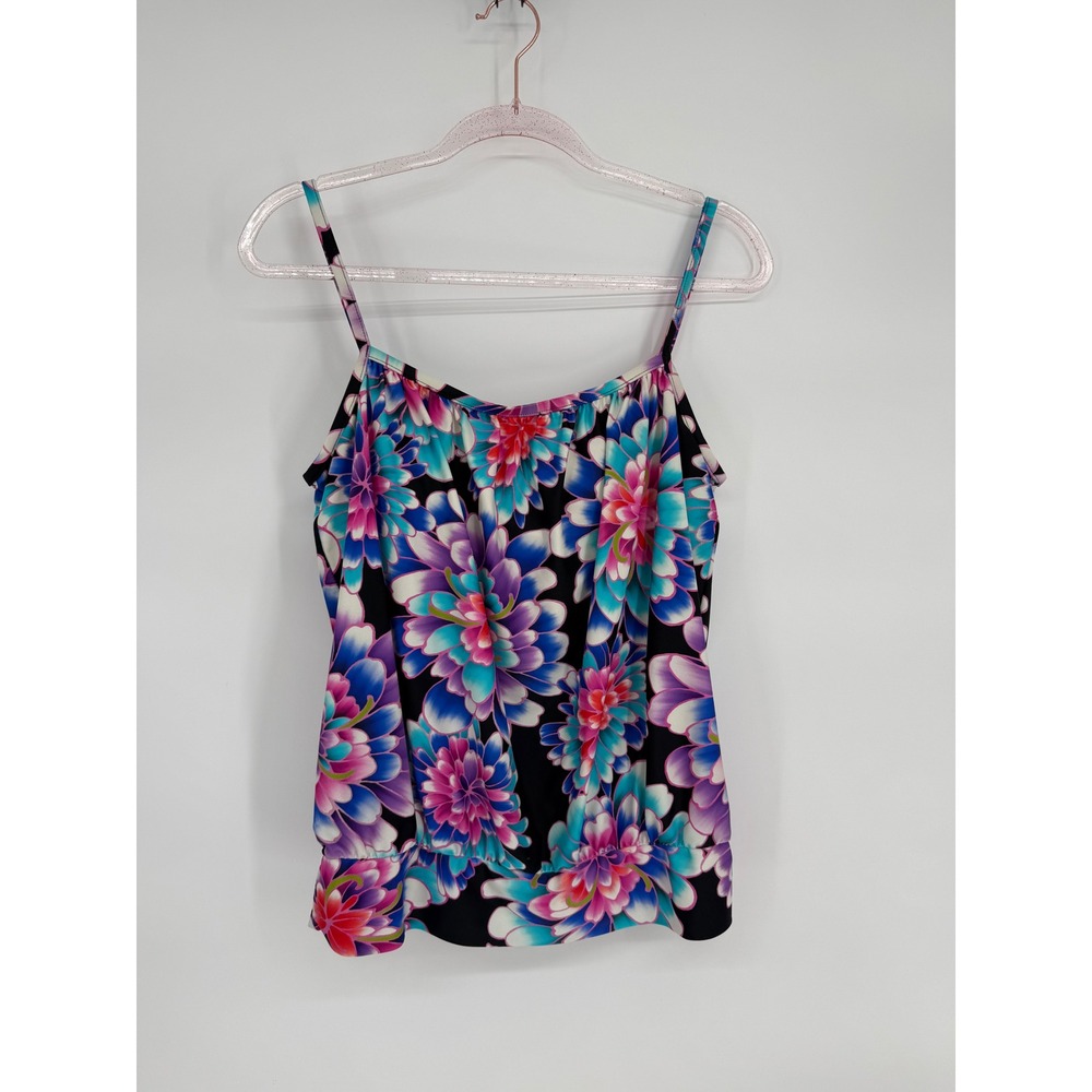 Maxine‎ of Hollywood Womens Floral Blouson Tankini Top Black Purple Blue Size 12